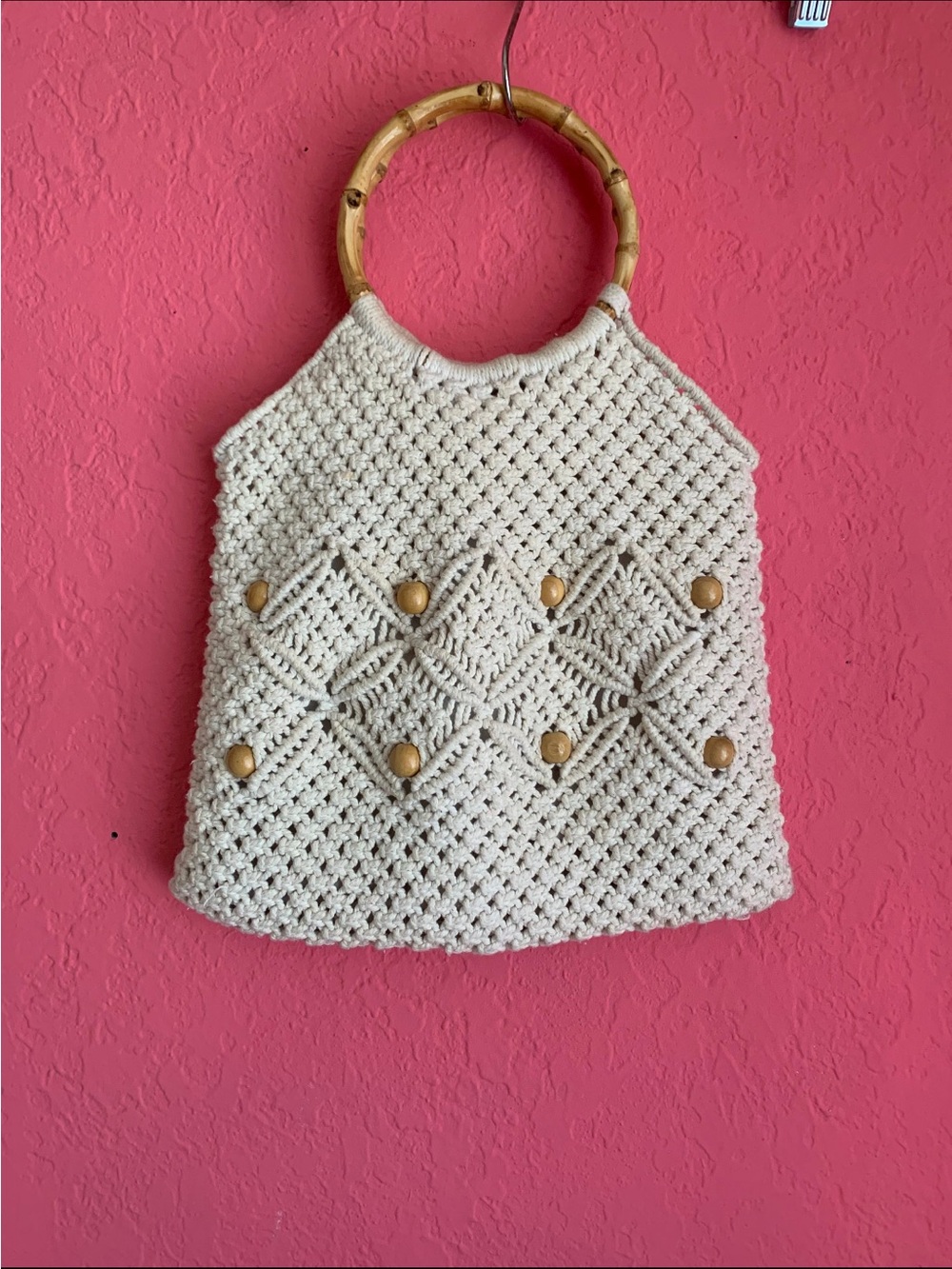 Cream Macramé Boho Bamboo-Handle Purse